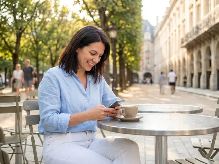 Mulher sorrindo enquanto usa o celular num café