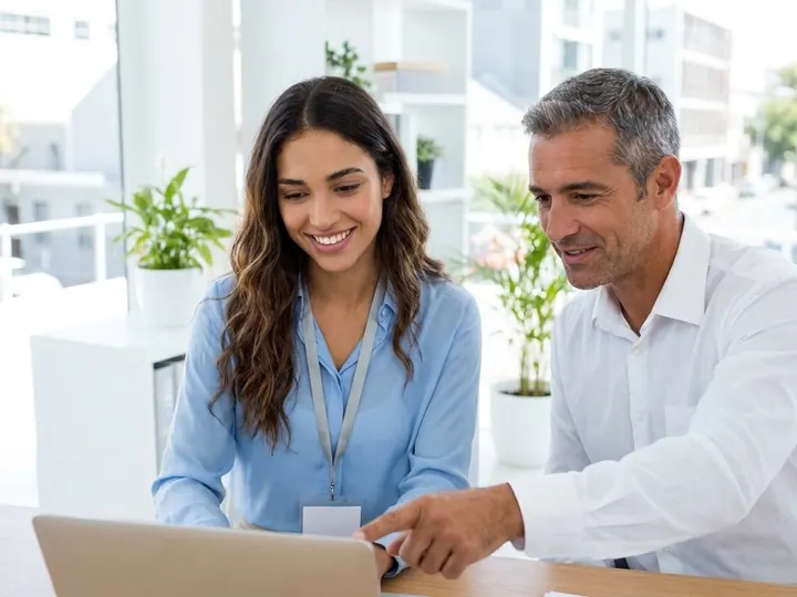 Estagiária trabalhando no computador ao lado de um colega