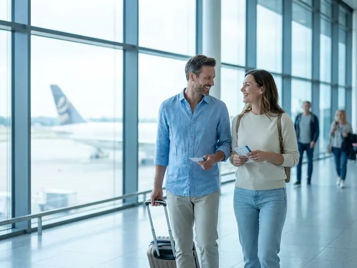 Casal caminhando com mala no saguão do aeroporto